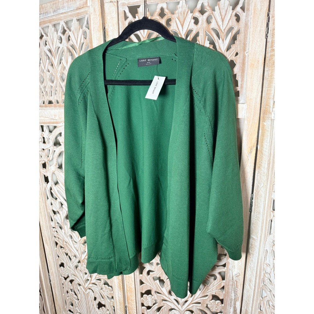 Lane Bryant Green Batwing Open Front Cardigan Pointelle Knit Sweater 26/28 NEW